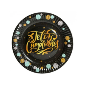 PLATO DE POLIPAPEL 17cm FELIZ CUMPLEAÑOS NEGRO CON BURBUJAS x 6 un
