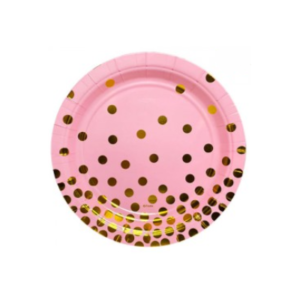 PLATO DE POLIPAPEL 17cm ROSA LUNARES DORADOS x 6 un