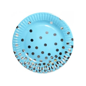 PLATO DE POLIPAPEL 17cm CELESTE LUNARES PLATEADOS x 6 un