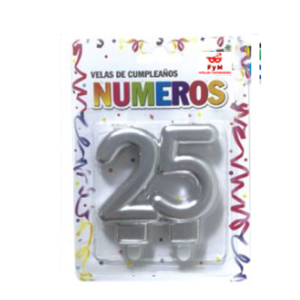 VELA NUMERO DOBLE METALIZADA PLATEADA 25 AÑOS