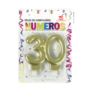 VELA NUMERO DOBLE METALIZADA DORADA 30 AÑOS