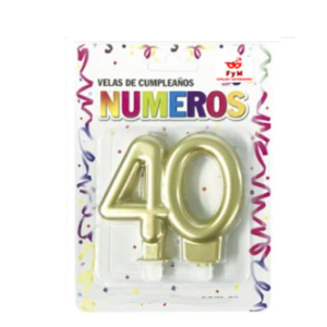 VELA NUMERO DOBLE METALIZADA DORADA 40 AÑOS