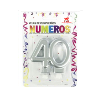VELA NUMERO DOBLE METALIZADA PLATEADA 40 AÑOS