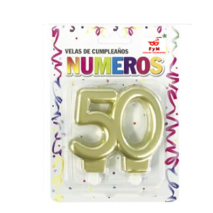 VELA NUMERO DOBLE METALIZADA DORADA 50 AÑOS