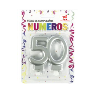 VELA NUMERO DOBLE METALIZADA PLATEADA 50 AÑOS