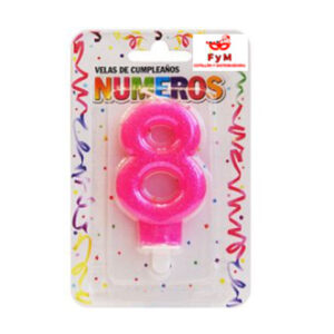 VELA NUMERO ROSA BRILLOS Nº8