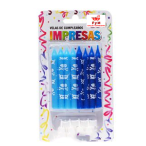 VELAS IMPRESAS CALAVERAS PIRATAS CELESTES Y AZULES C/Bl. x 8u