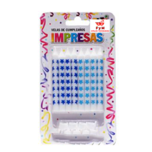 VELAS IMPRESAS BLANCAS C/ ESTRELLAS AZULES Y CELESTES - Blister x 8u