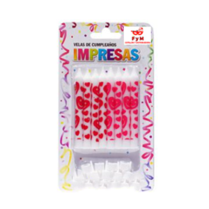 VELAS IMPRESAS BLANCAS C/ CORAZONES ROJOS Y MAGENTAS - Blister x 8 u
