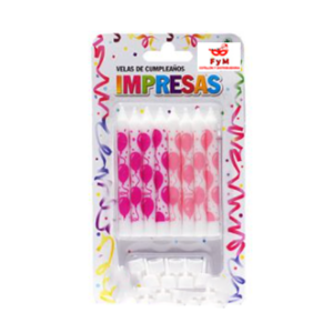 VELAS IMPRESAS BLANCAS GLOBOS ROSAS Y MAGENTAS - Blister x 8 u
