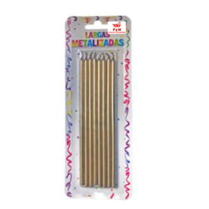 VELAS LARGAS METALIZADAS DORADAS - Blister x 8 unidades