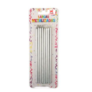 VELAS LARGAS METALIZADAS PLATEADAS - Blister x 8 unidades