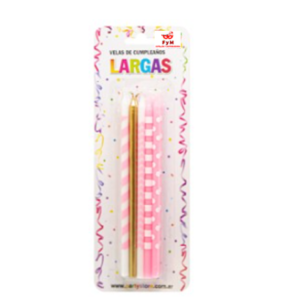 VELAS LARGAS IMPRESAS ROSAS LUNARES, RAYAS Y DORADAS -Blister x 10un