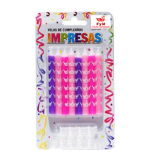 VELAS IMPRESAS VIOLETAS MAGENTAS Y ROSAS C/ CORONA  - Bl x 8u