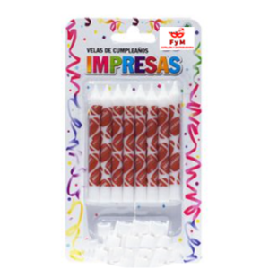 VELAS IMPRESAS BLANCAS CON PELOTAS DE RUGBY - Blister x 8 u