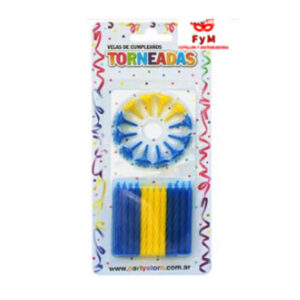 VELAS TORNEADAS AZULES Y AMARILLAS C/12 BASES - Blister x 24 u