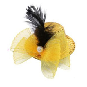 MINI GALERA DAMA AMARILLA C/ LENTEJUELAS, PERLA Y PLUMA NEGRA