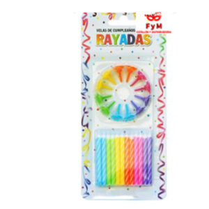 VELAS RAYADAS MULTICOLORES C/12 BASES - Blister x 24 u