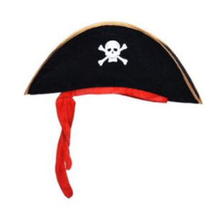 GORRO PIRATA TERCIOPELO NEGRO CALAVERA BLANCA CON CINTA ROJA