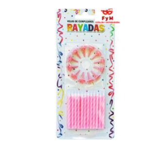VELAS RAYADAS ROSAS C/12 BASES - Blister x 24 u
