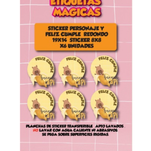 STICKER PERSONAJE Y FELIZ CUMPLE REDONDO x6u 8x8cm