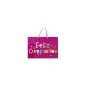 BOLSA *FELIZ CUMPLEAÑOS* ROSA GLITTER x 1 un. Tamaño: 35cm x 25cm x 9cm