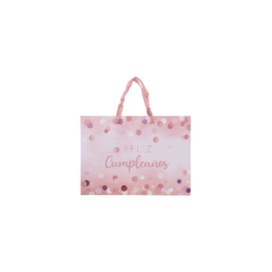 BOLSA ROSA PASTEL *FELIZ CUMPLEAÑOS* x 1 un. Tamaño: 35cm x 25cm x 9cm