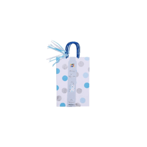 BOLSA BLANCA C/ LUNARES CELESTES Y PLATEADOS (con cinta celeste) Set x 4 unidades. Tamaño: 20cm x 30cm x 9cm