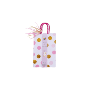 BOLSA BLANCA C/ LUNARES ROSADOS Y DORADOS (con cinta rosa) - Set x 4 unidades. Tamaño: 20cm x 30cm x 9cm