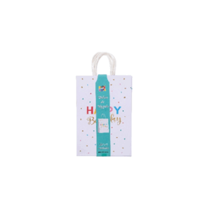 BOLSA BLANCA C/ PUNTOS MULTICOLORES *FELIZ CUMPLEAÑOS* - Set x 6 unidades. Tamaño: 20cm x 30cm x 9cm
