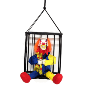 PAYASO ENCARCELADO (PARA COLGAR) : 61x23x16 cm. - 3 pilas AA (no incluídas) EFECTO: Luz, sonido y movimiento