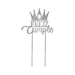 ADORNO DE TORTA FELIZ CUMPLEAÑOS STRASS CON CORONA PLATEADO