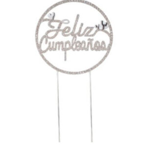 CAKE TOPPER REDONDO FELIZ CUMPLEAÑOS STRASS CON CORAZONES