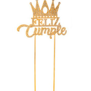 CAKE TOPPER FELIZ CUMPLEAÑOS STRASS CON CORONA DORADO