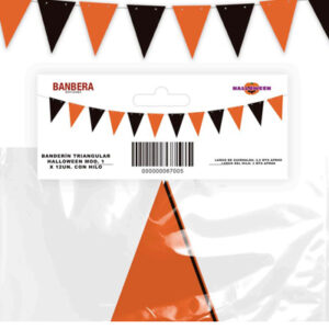 BANDERIN TRIANGULAR HALLOWEEN NARANJA NEGRO - Doble faz paq. x12