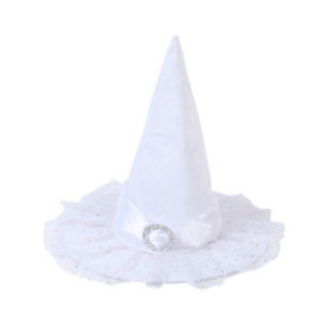 SOMBRERO DE BRUJA BLANCO CON LAZO, ENCAJE CON GLITTER Y HEBILLA DE CORAZON STRASS 40cm